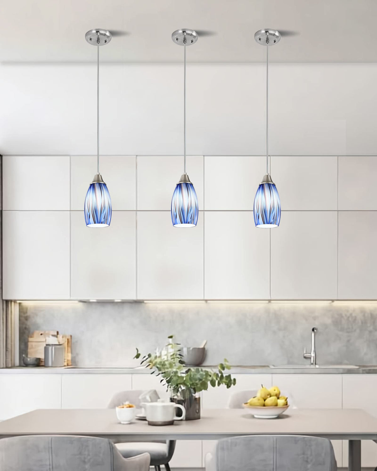 Dark Blue Glass Mini Pendant Lights for Kitchen Island 3Pack Blown Art Glass Pendant Lighting Shade Hanging Pendant Lights with Brushed Nickel Finish for Kitchen Over Sink (Dark Blue mixing Brown black-3Packs)
