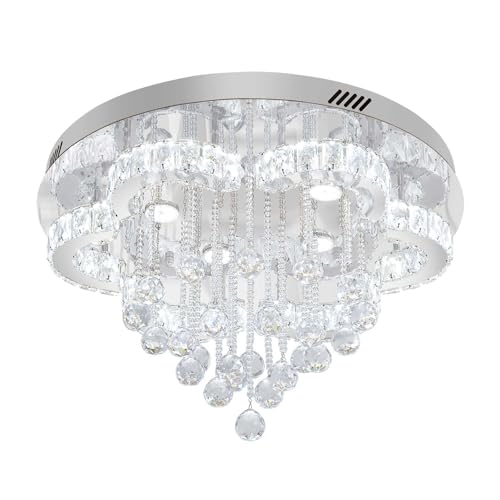 W24inches Modern Chandelier for Dining Room Raindrop Crystal Chandelier Luxury Flush Mount Ceiling Light Fixture Ceiling Lamp for Hallway Bedroom Living Room Kitchen (Silver / 24inch)