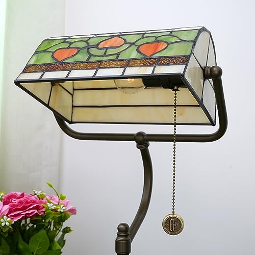 Tiffany Style Heart Bankers Table Lamp Stained Glass Vintage Bedroom Bedside Study Pull Chain Reading Desk Lamps Office Nightstand Aesthetic Antique Green Banker'S Lamp Work Light Desklamp (Red Hearts)