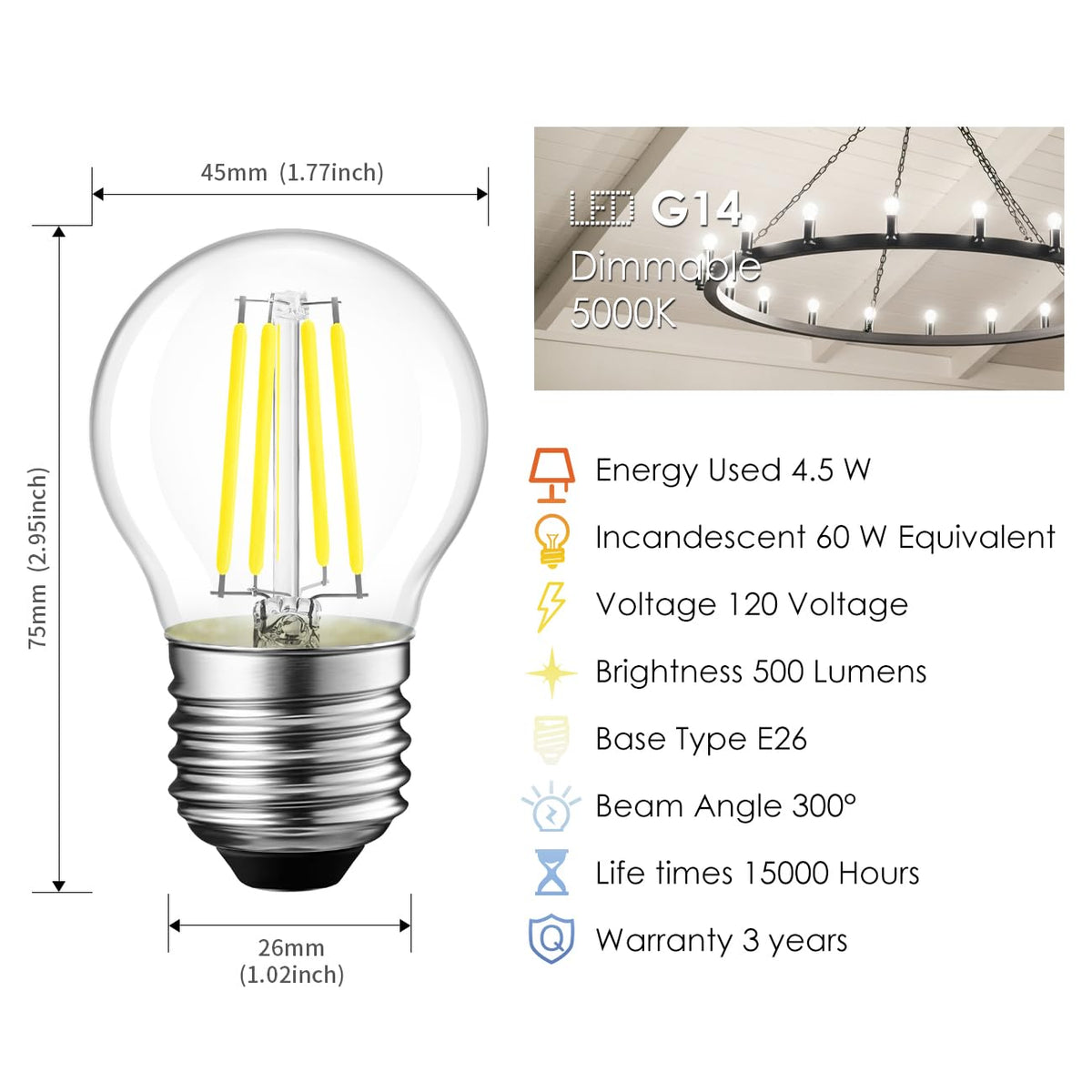 G14 G45 LED Filament Light Bulb Dimmable (4.5w-transparent-5000k / 6 Count (Pack of 1))