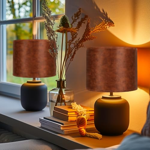 Large Lampshades Set of 2 Drum Lamp Shades 15" Top X 15" Bottom X 12" High (Imitation Brown Cowhide)