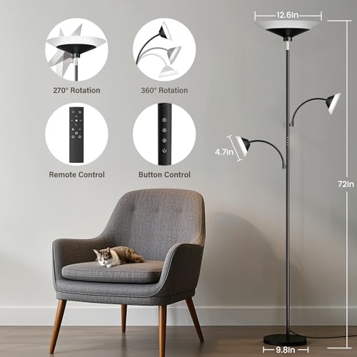 42W 3 Light Torchiere Floor Lamp (Black)