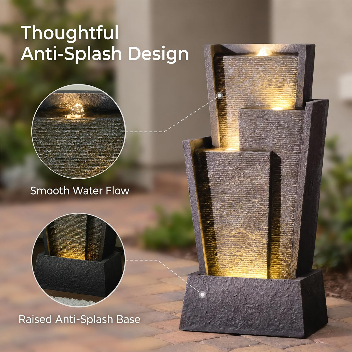 28H Modern Cascading Outdoor Water Fountain with Warm LED Light (28.3H)