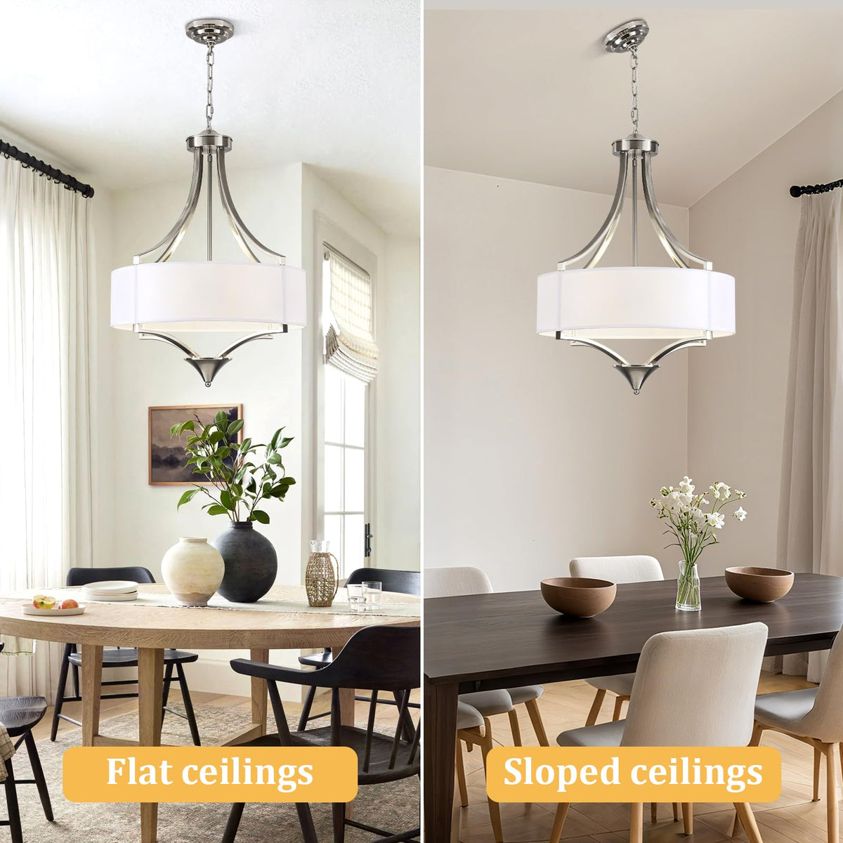 6 Light Brushed Nickel Chandelier 19.7" Modern Drum Chandeliers for Dining Room Light Fixture with White Fabric Shade Large Pendant Lighting for Kitchen Island Living Room Bedroom Foyer Over Table (6-Light Brushed Nickel and White)