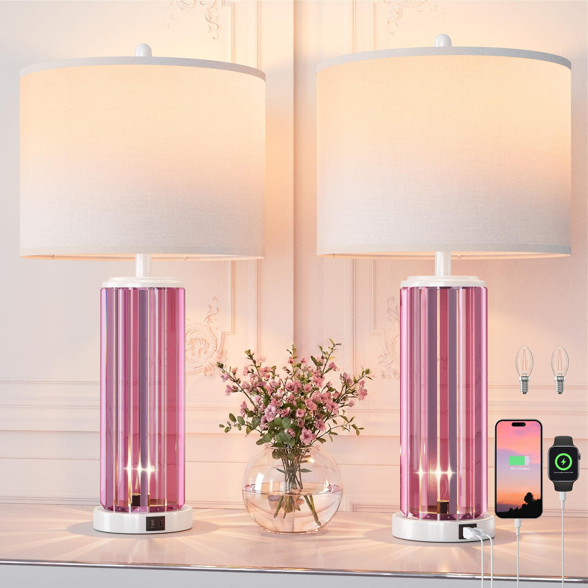 Table Lamps for Bedroom Set of 2 with Nightlight (Set of 2 (White & Pink))