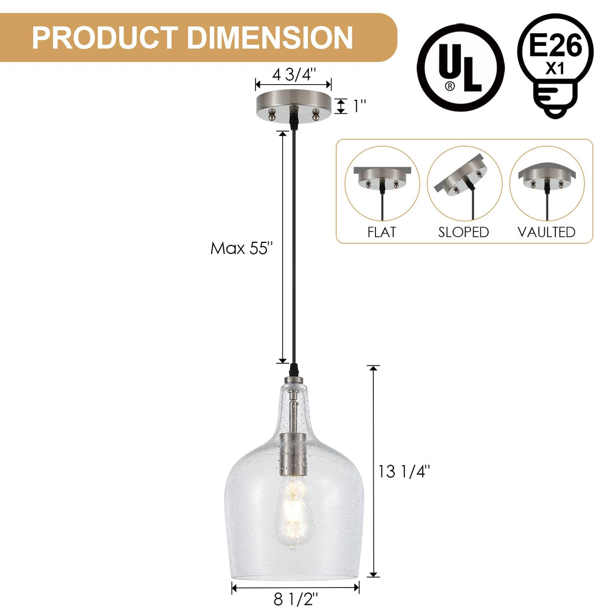 9” Brushed Nickel Seeded Glass Pendant Light Modern 1 Light Single Dome Pendent Lighting Fixtures for Kitchen Island Dining Room Hallway (Brushed Nickel-Seeded)