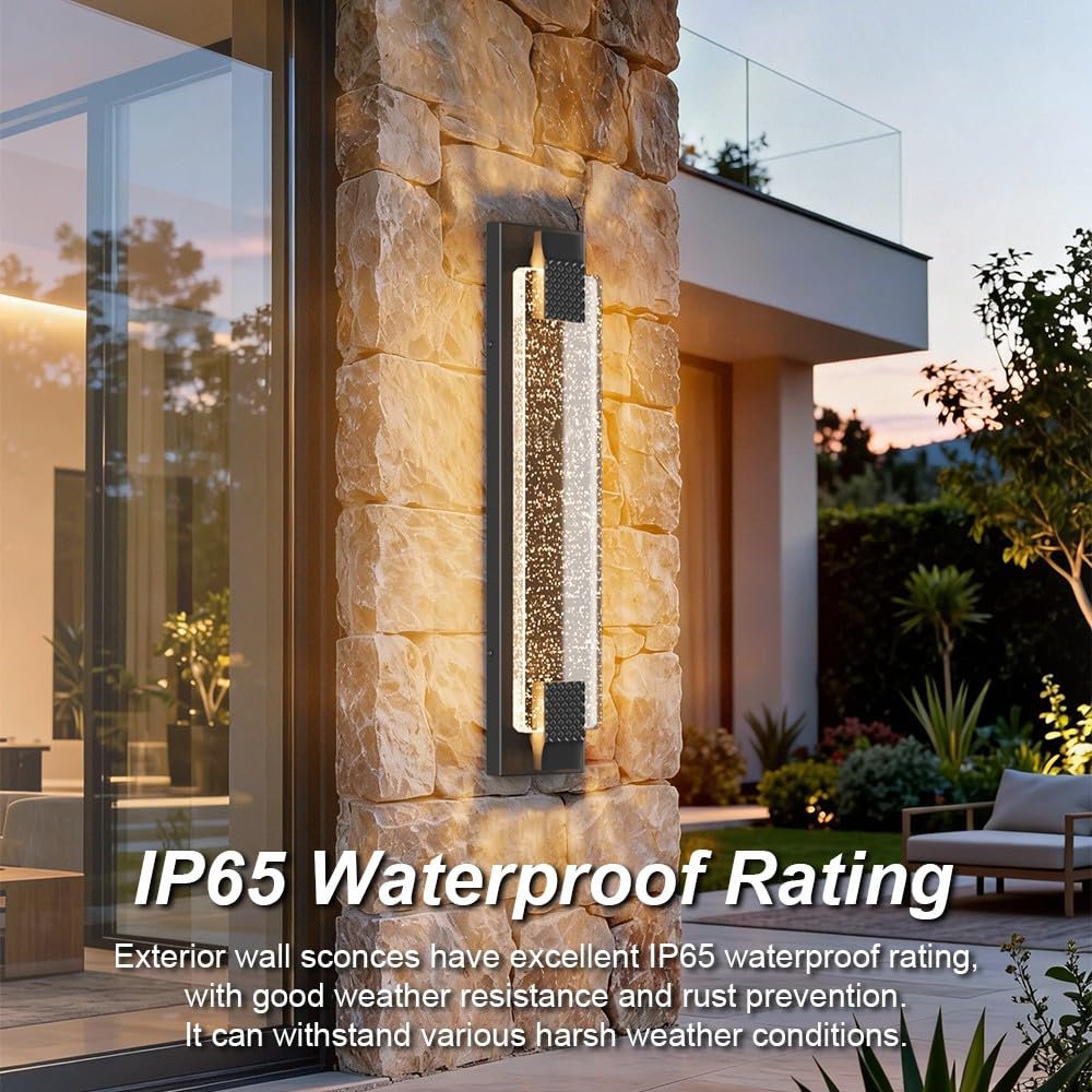 23.6in Black Outdoor Wall Sconces Modern LED Crystal Exterior Lights (Black / 23.6 inch)