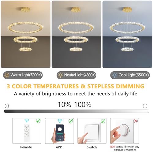 Modern Crystal Chandelier Dimmable LED Ceiling Light Fixture 3 Ring Adjustable Stainless Steel Chandeliers for Dining Room Living Room Bedroom Gold (Gold / 3-Ring 24")