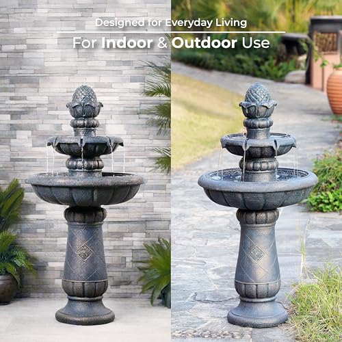 Deluxe Pineapple Pedestal 2 Tiered Floor Waterfall Fountain with Pump for Outdoor Patio Garden Backyard Decking