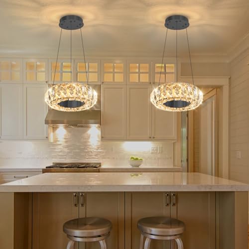 8" Ring Modern LED Dimmable Crystal Chandelier Adjustable Height Pendant Light Round Crystal Chandelier Light Fixtures for Dining Room Living Room Kitchen Island Black (Black / 1 Ring Round 8")