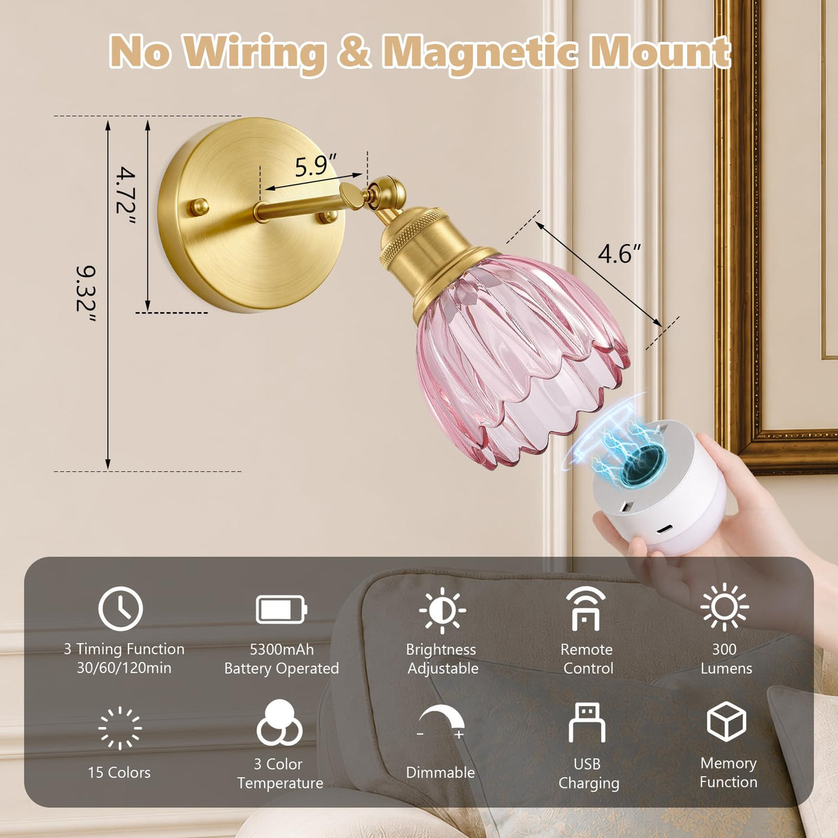 Vintage Battery Operated Wall Sconce (Gold-Pink / 16 inches)