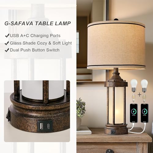 25'' Table Lamps Set of 2 for Living Room Bedroom Farmhouse Metal Lamps with 2 USB Ports (Antique Bronze)