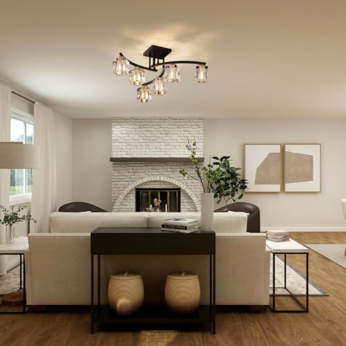 6 Lights Modern Sputnik Ceiling Light Fixture Black Crystal Semi Flush Mount Ceiling Light Farmhouse Chandeliers for Dining Room Living Room Kitchen Island Bedroom Entryway (Black / 6-Light)