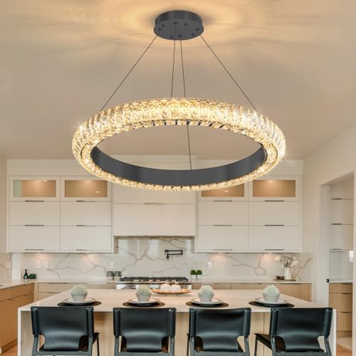 24" Ring Modern LED Dimmable Crystal Chandelier Adjustable Height Pendant Light Round Crystal Chandelier Light Fixtures for Dining Room Living Room Kitchen Island Black (Black / 1 Ring Round 24")
