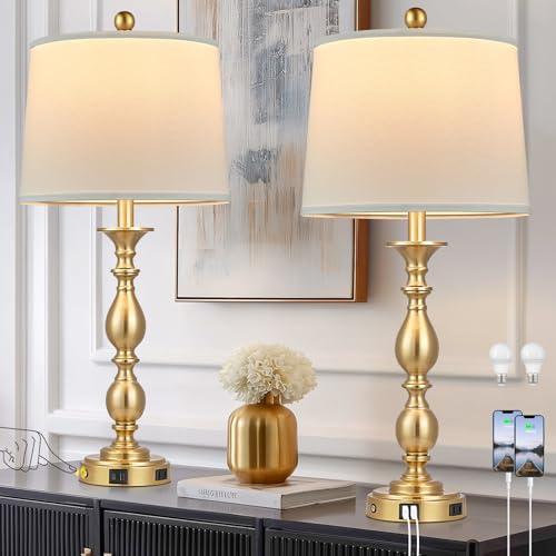 28" Tall Modern Table Lamps Set of 2 with USB A+C Ports and AC Outlet (Gold-2 Pack)