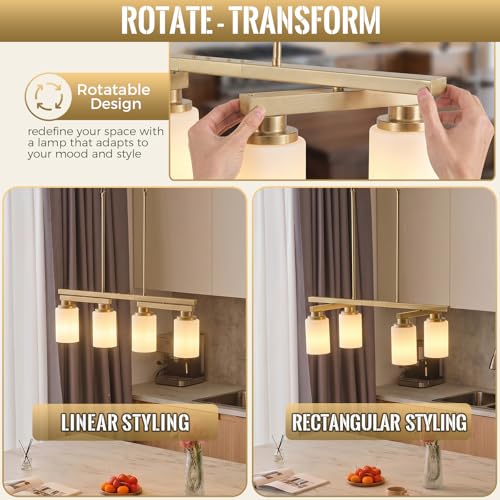 4 Light Brushed Gold Linear Chandelier (Gold+Milk Glass / 4 Light)