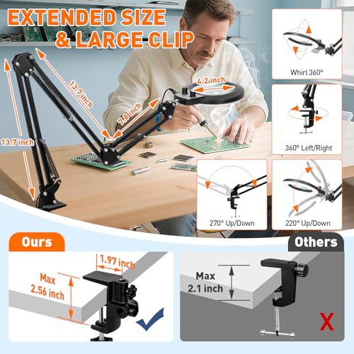 12X 30X Magnifying Glass with Light and Stand (12X 30X 35 INCH Clamp)