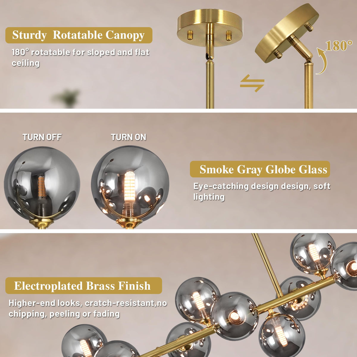 16 Lights Linear Chandeliers for Dining Room (Gold and Smoke Gray Shade / 55inch)