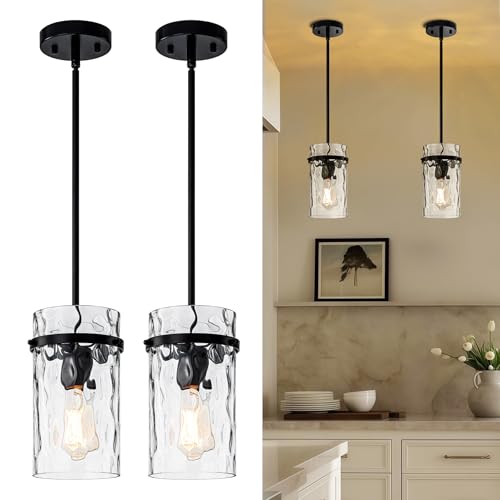 Farmhouse Black Hammered Glass Pendant Lights for Kitchen Dining Room Foyer (Black-2 Pack)