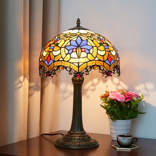 Tiffany Lamp Stained Glass Table Lamp Antique Desk Light for Bedside Nightstand Bedroom Living Room Home Office Unique Cute Accent Decor Light Include LED Bulb (Yellow Phoenix Tail)