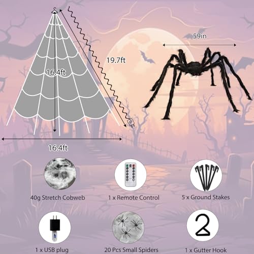 Halloween Spider Web Lights 550 LED Lighted Spider Web 16.4Ft Giant Halloween Decorations Light up with 8 Lighting Modes Waterproof & Timer for Indoor Outdoor House Haunted Yard Decor (Art Deco)