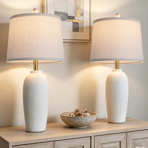 26 Inch Farmhouse Ceramic Jar Table Lamps Set of 2 (Cream White)