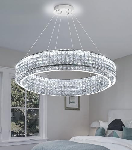 W40 Modern Chandeliers for Living Room LED Dimmable Pendant Lighting High Ceiling Chandelier for Dining Room Foyer Hallway Crystal Rectangle Light Fixtures Silver (Silver / Round 40")