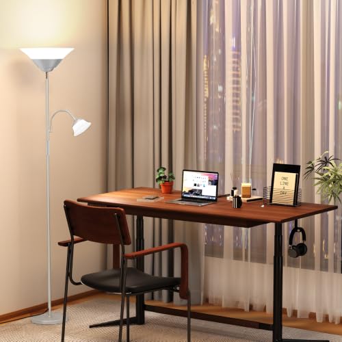 2-in-1 Torchiere Floor Lamp, 34W Super Bright LED Standing Lamp with Remote & Touch Control, 72" Dimmable Adjustable Corner Reading Lamp for Living Room, Bedroom, Office, Silver (Silver)