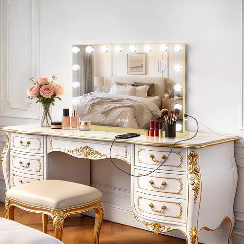 Vanity Mirror with Lights (Gold / 26"L x 20"W)