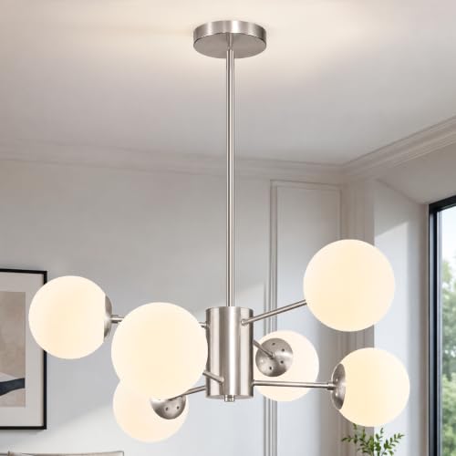 6-Light Mid-Century Modern Nickel Sputnik Chandeliers Dining Room (Milk, Nickel, M)
