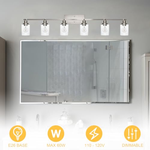 6 Light Brushed Nickel Kitchen Track Lighting Fixtures Ceiling Mount Track Lighting Kit with Bubble Seeded Glass Shade Modern Bathroom Tracking Vanity Lights Ceiling Tracking Accent Shop Light (Brushed Nickel / 6-Light)