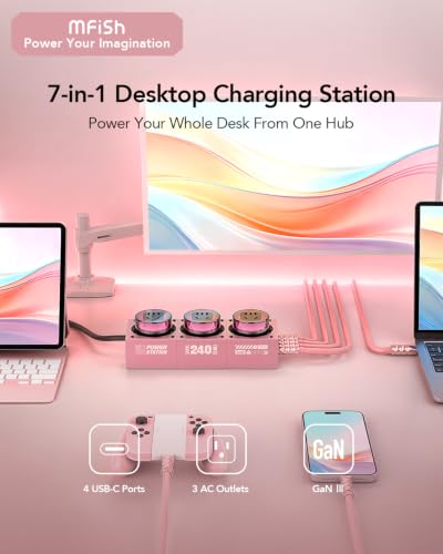 E-Tank 7-in-1 Desktop Charging Station, 240W Max GaN USB-C Charger (240W Charger Station - Pink)