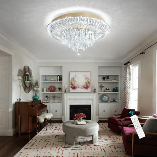 Modern LED Chandelier Crystal Ceiling Light Fixture Raindrop Chandeliers Dimmable Lighting for Living Room Dining Room Entryway Bedroom Gold (Gold / W24")