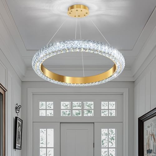 24" Ring Modern LED Dimmable Crystal Chandelier Adjustable Height Pendant Light Round Crystal Chandelier Light Fixtures for Dining Room Living Room Kitchen Island Gold (Gold / 1 Ring Round 24")