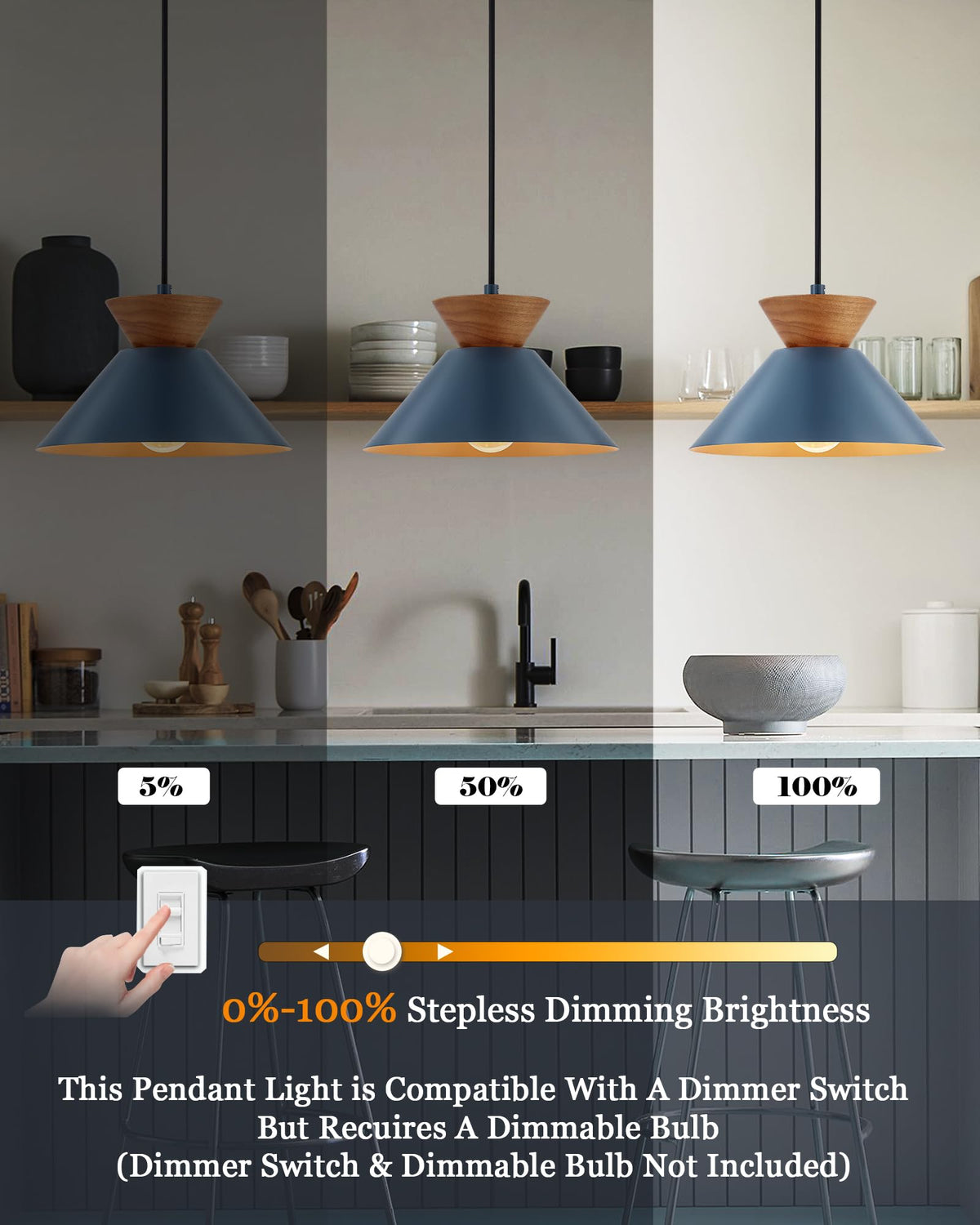 10 Inch Modern Pendant Light Fixture Farmhouse Solid Wood Hanging Lamp with Navy Blue Metal Shade & Gold Inner Finish Adjustable Pendant Light for Kitchen Island Dining Room Bedroom Modern Blue (Blue)
