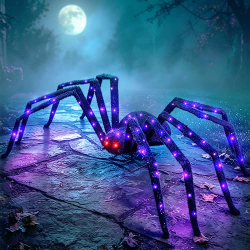 Halloween Decorations Outdoor Giant Spider Light Up Spider 4.3Ft Lighted Large Spider with 6 Modes and 100 LED Purple Lights