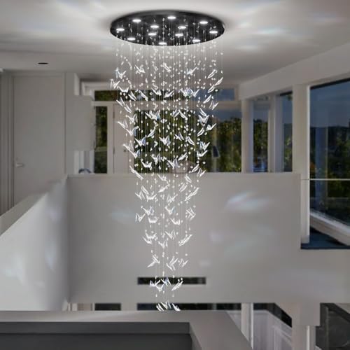 H102 High Ceiling Chandelier Modern Crystal Chandeliers Raindrop Chandelier for Staircase Foyer Entryway Living Room Dimmable 3000 (Black / Dia 32")