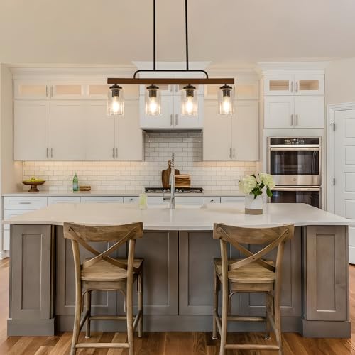 4 Light Wood Kitchen Island Lighting (Seeded Glass / 4-Light)