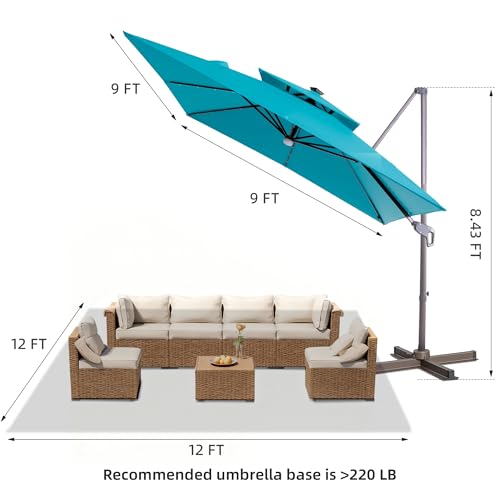 9x9 FT Cantilever Offset Patio Umbrella with Lights (Turquoise)