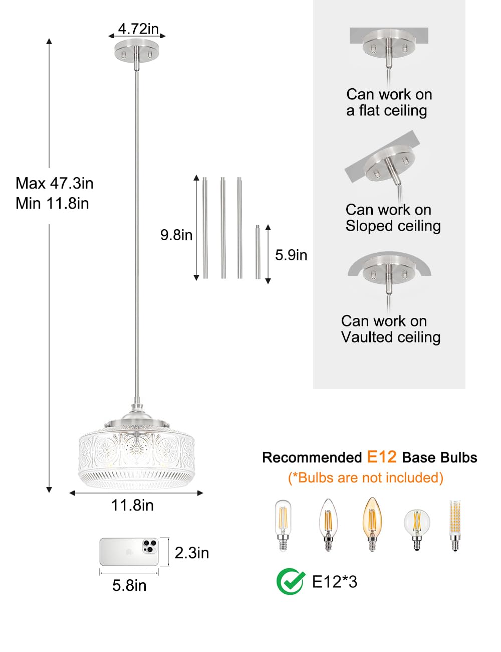 Brushed Nickel 3 Light Pendant Light for Kitchen Island with Etched Glass (Nickel+Clear Glass / 11.8in)