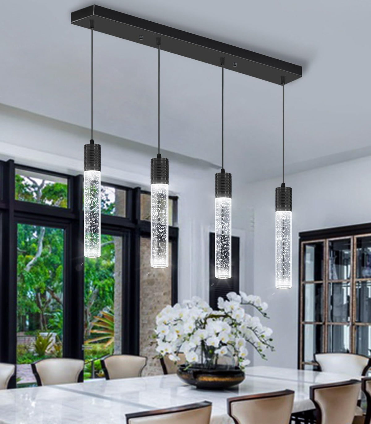 4 Lights Mini Modern Crystal Chandeliers for Kitchen Island Pendants Lighting Fixture LED Ceiling Light for Dining Room Bedroom Foyer 6000K (Black / 4-lights)