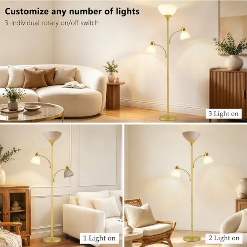 3 Head Torchiere Floor Lamps with 2 Reading Lamp for Living Room (Gold)