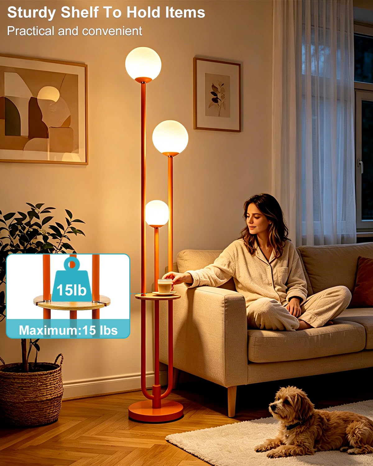 Dimmable 3 Light Globe Floor Lamp with Storage Shelf (Orange-3UE)