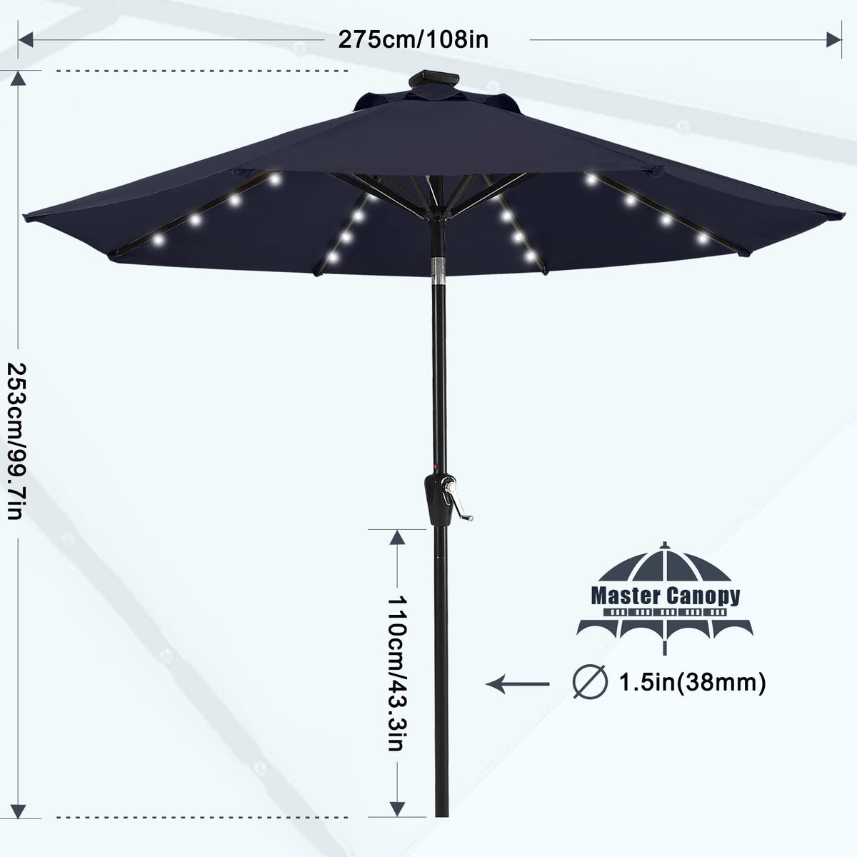 9ft Patio Umbrella with Solar Lights (Navy Blue / 9FT)