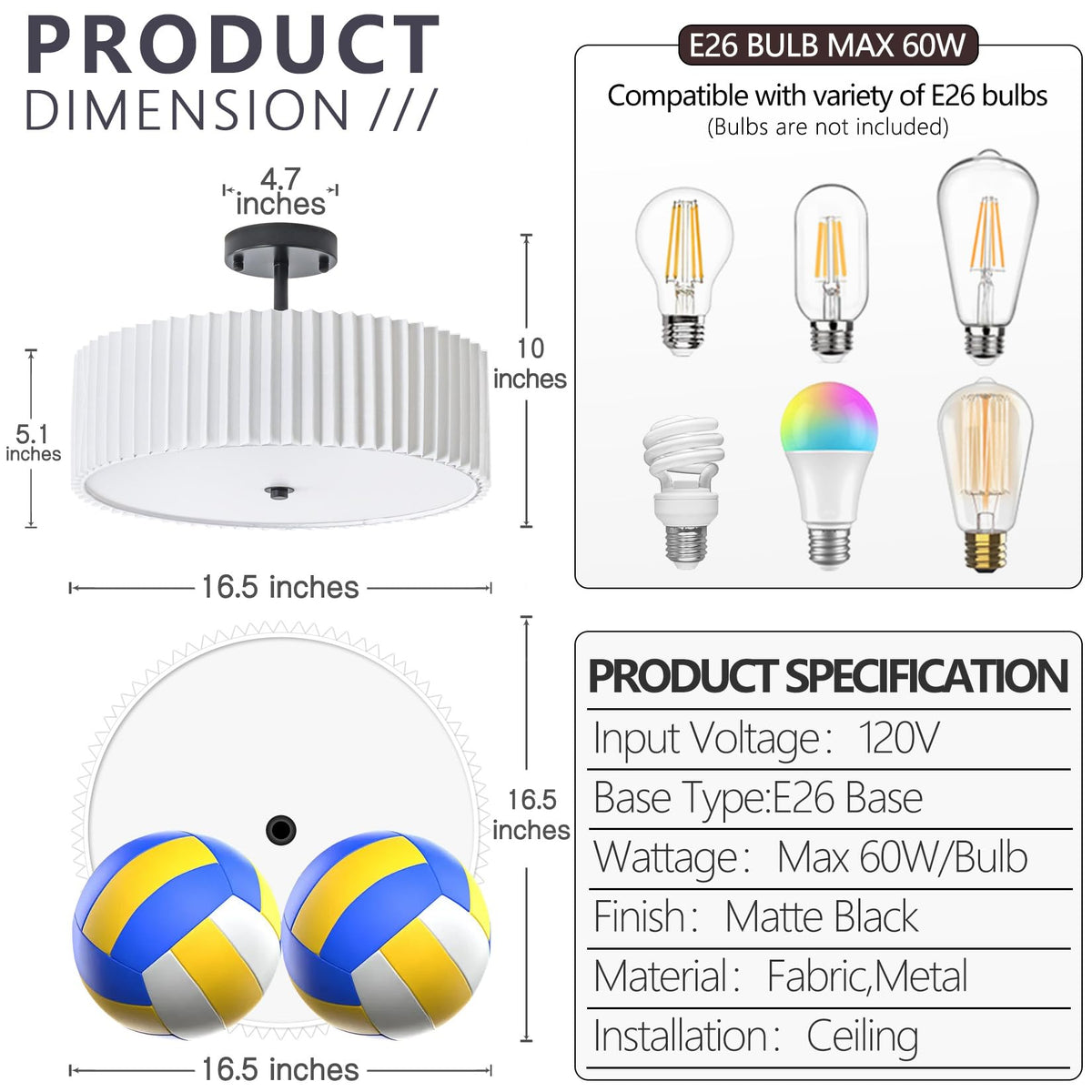 Semi Flush Mount Ceiling Light (Black / 16.5inch)