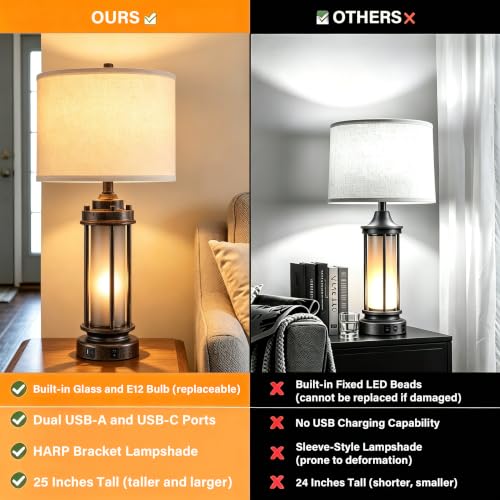 25'' Set of 2 Farmhouse Table Lamps for Living Room with USB C+A (2 Pack-Bronze)