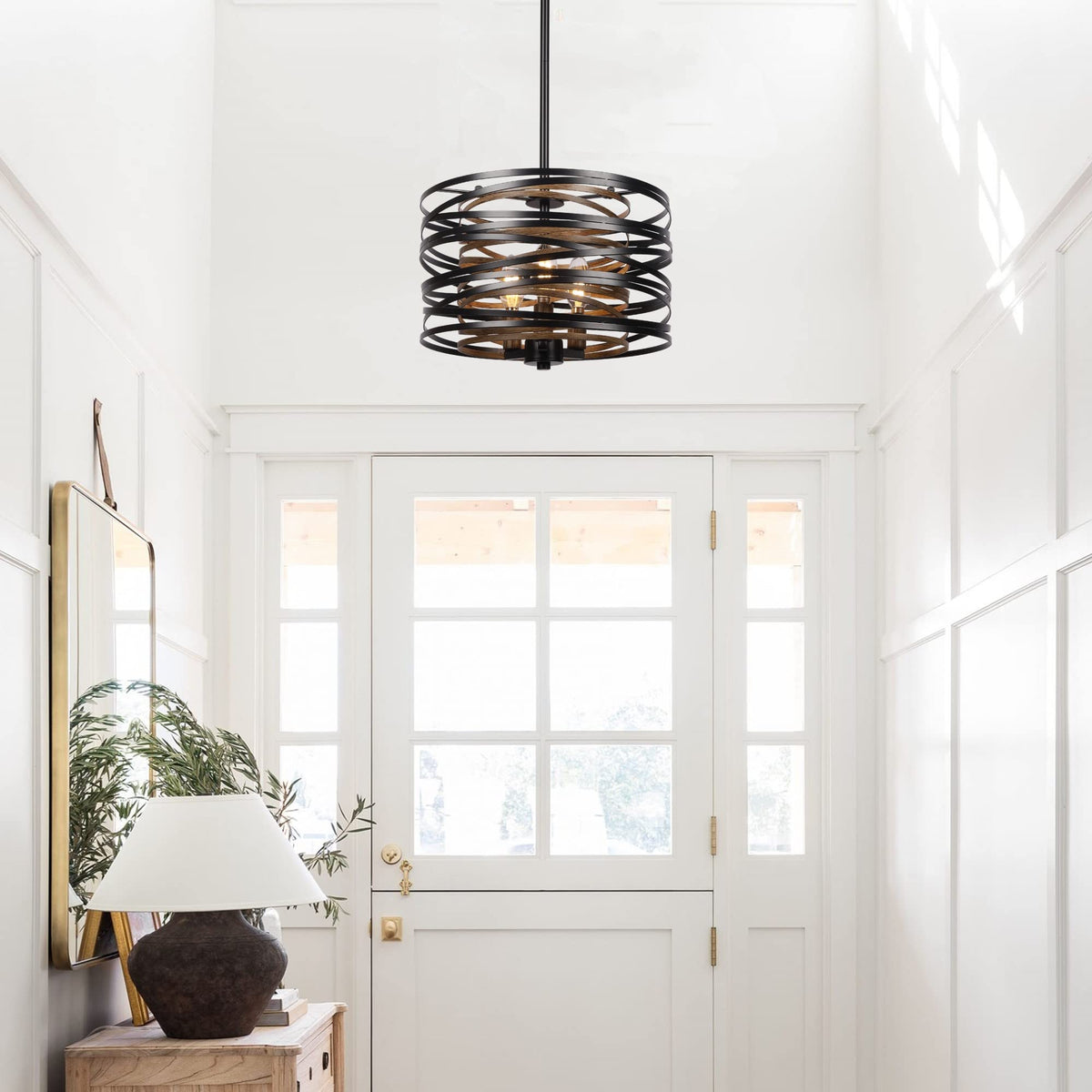 12.6'' Farmhouse Chandeliers for Dining Room (Black with Retro Wood Texture Interior / 12.6"/3-Light)