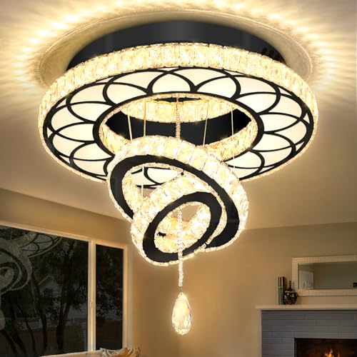 Dia 20" Modern Crystal Chandelier Flush Mount Chandeliers LED Dimmable Bedroom Chandelier Crystal Ceiling Light for Dining Room Living Room Foyer Black (Black / W:20inches)