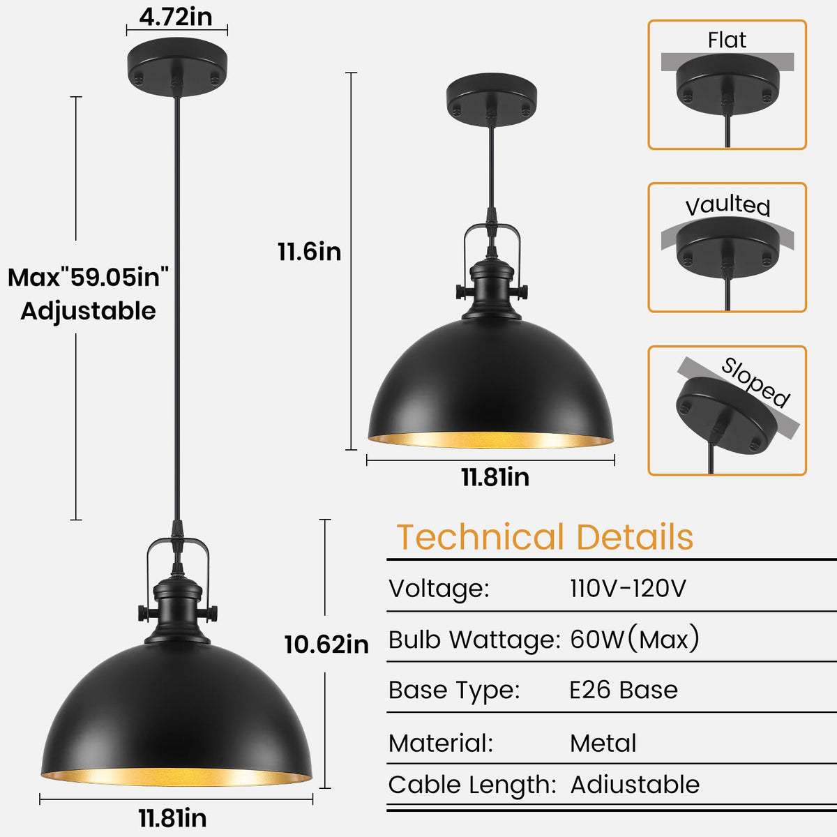 Black Pendant Lights Kitchen Island 2 Pack (Black+Gold / 11.8in-2 Packs)