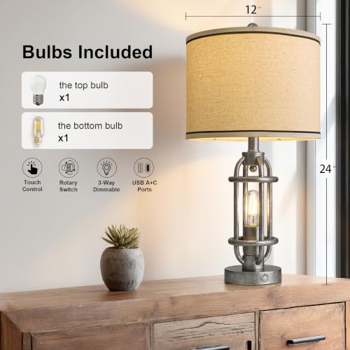 23.75'' Table Lamps Set of 2 for Living Room Bedroom Industrial Farmhouse Metal Touch Lamps with USB A+C Ports (23.75'' Antique Silver - Set of 2)